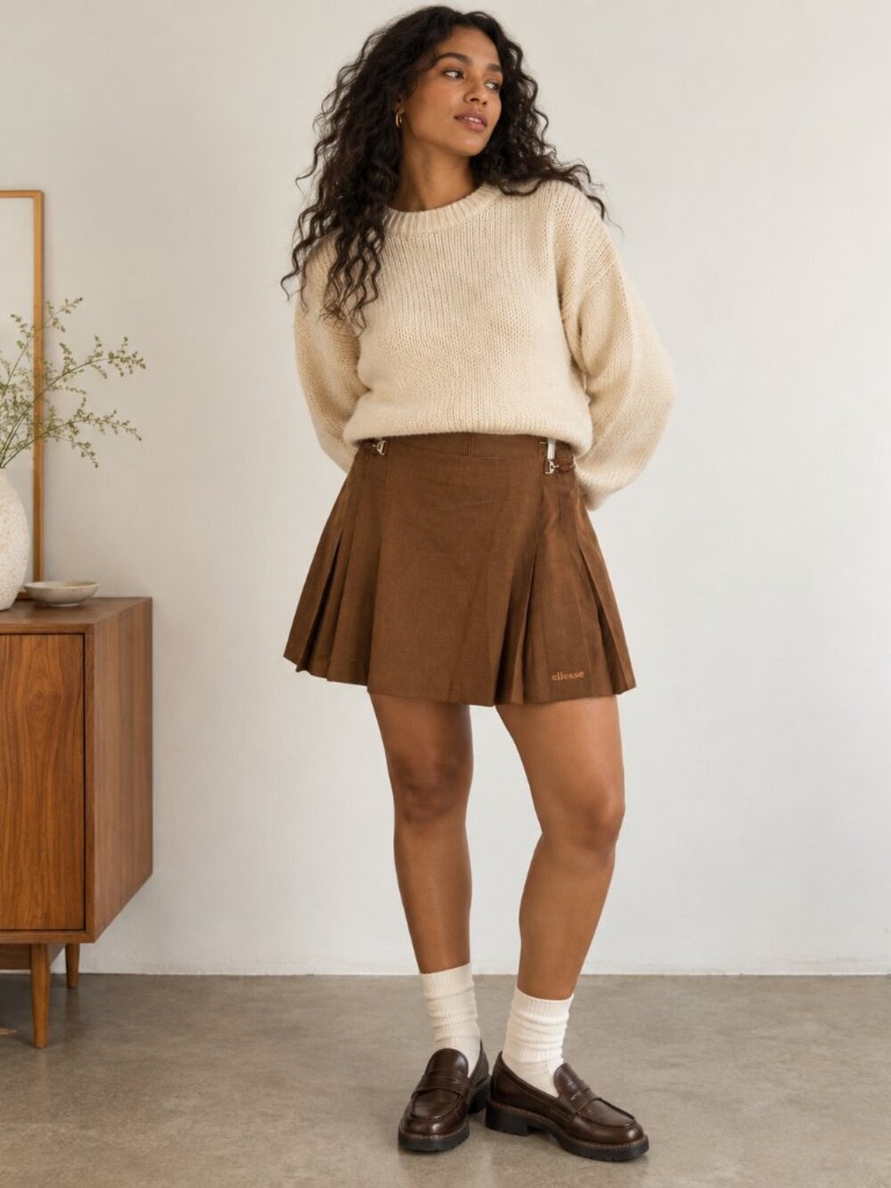 Vintage Ellesse Brown Pleated Tennis Mini Skirt‎ Size 14 Y2K Preppy ✨